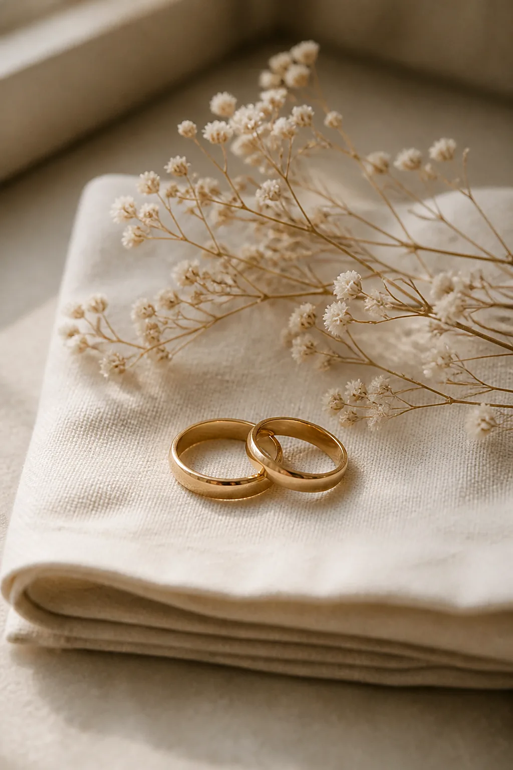 Two gold wedding bands resting on folded ivory linen
