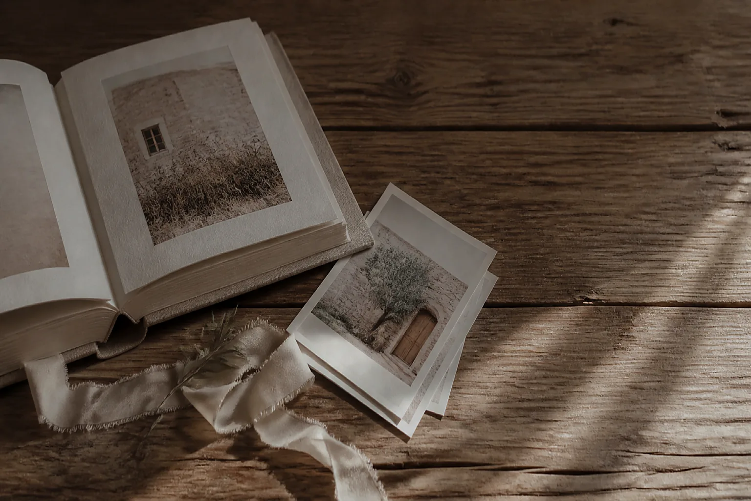 An heirloom linen photo album lying open on a weathered oak table beside loose prints