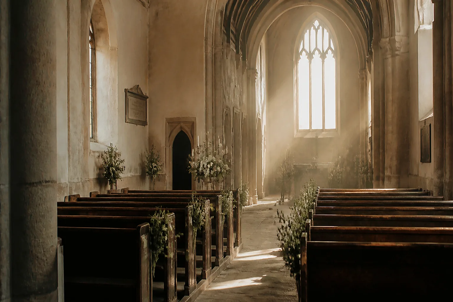 An empty stone chapel interior before a ceremony, dust motes in a shaft of warm light