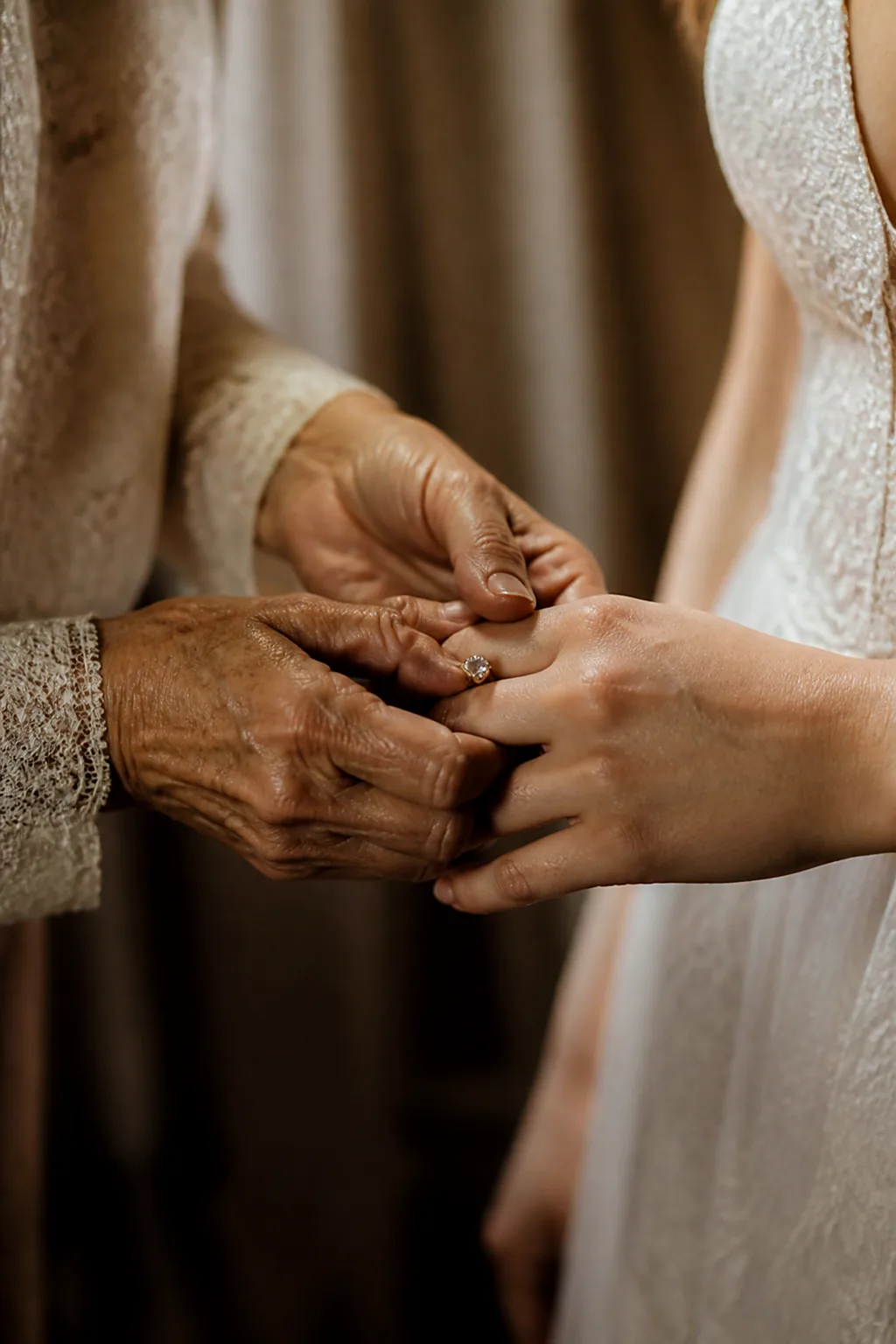 An elderly woman's hands holding a bride's hands